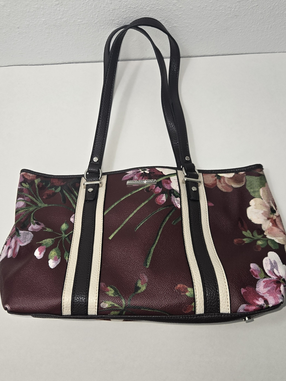 Dana Buchman Burgundy Floral Shoulder Tote with Black & Cream Straps